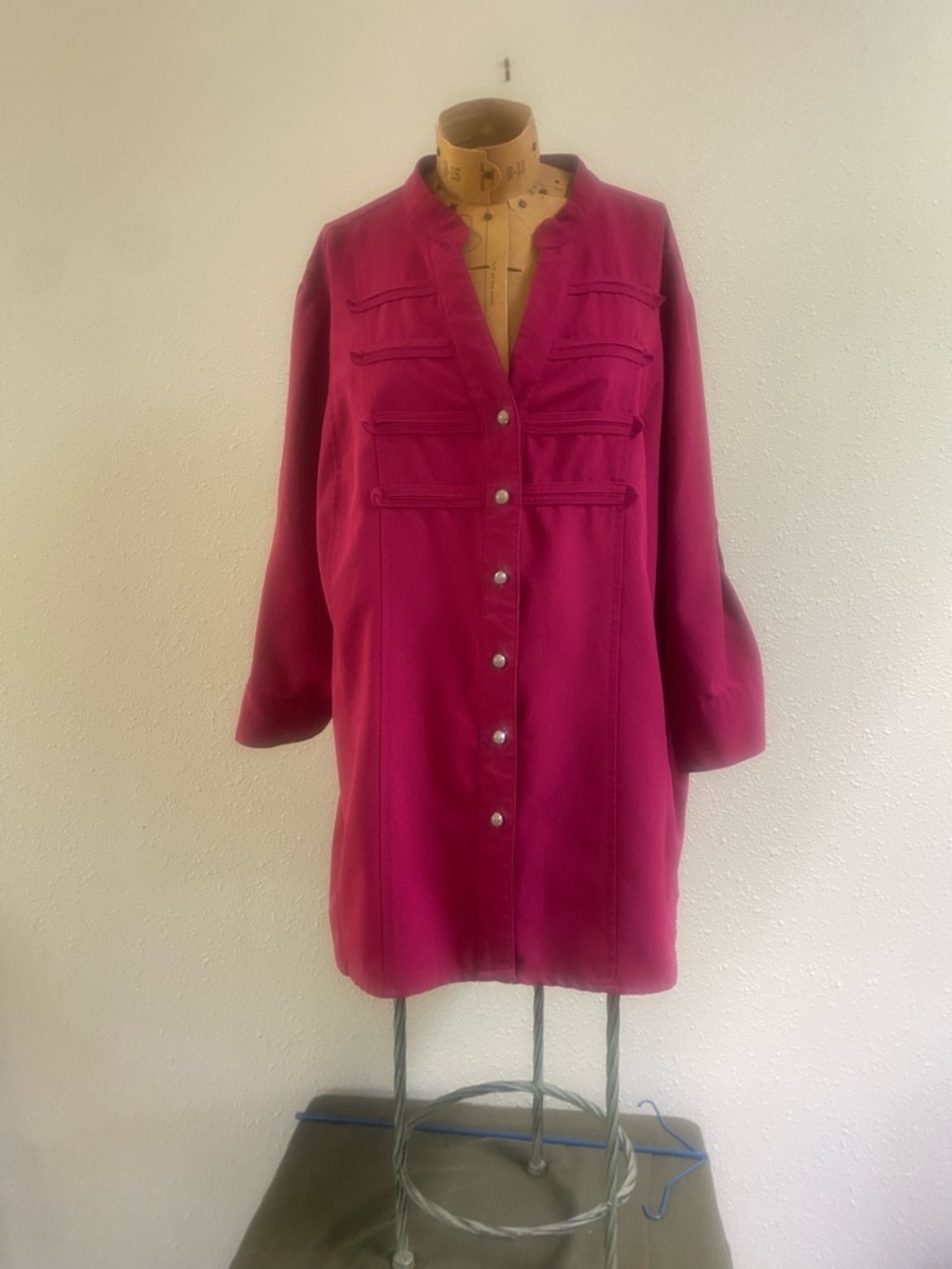Magenta Button-Front Tunic with Decorative Trim